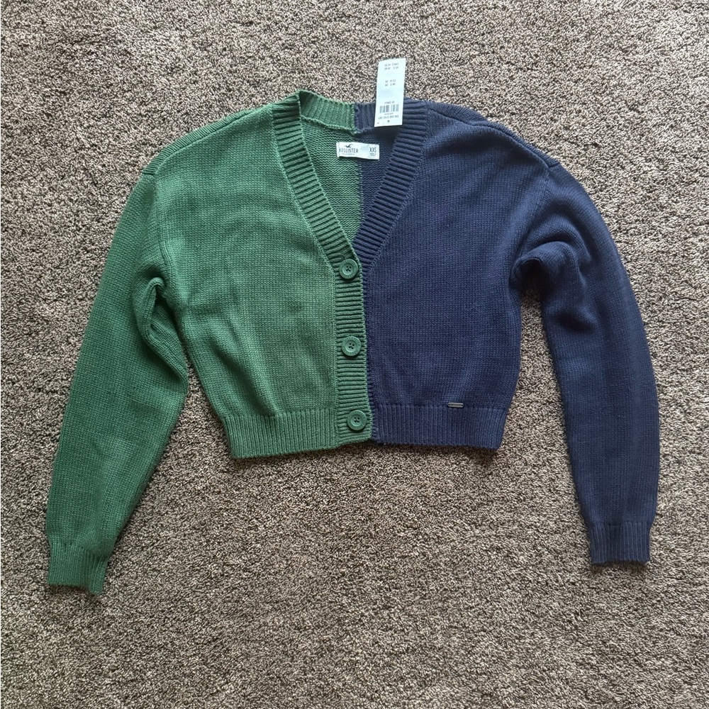 Hollister Green and Blue Split-Design Cardigan Sweater XXS NWT